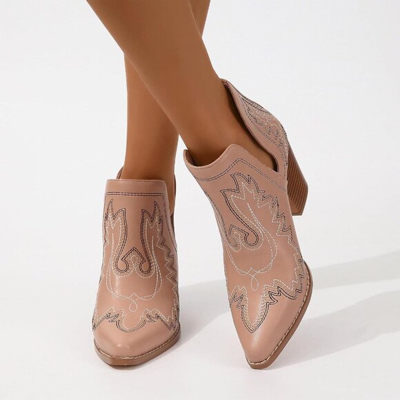 ✨Women Brown Cowboy Boots Ankle Western Embroidered Stitched Toe Chunky Heels - Picture 7 of 7